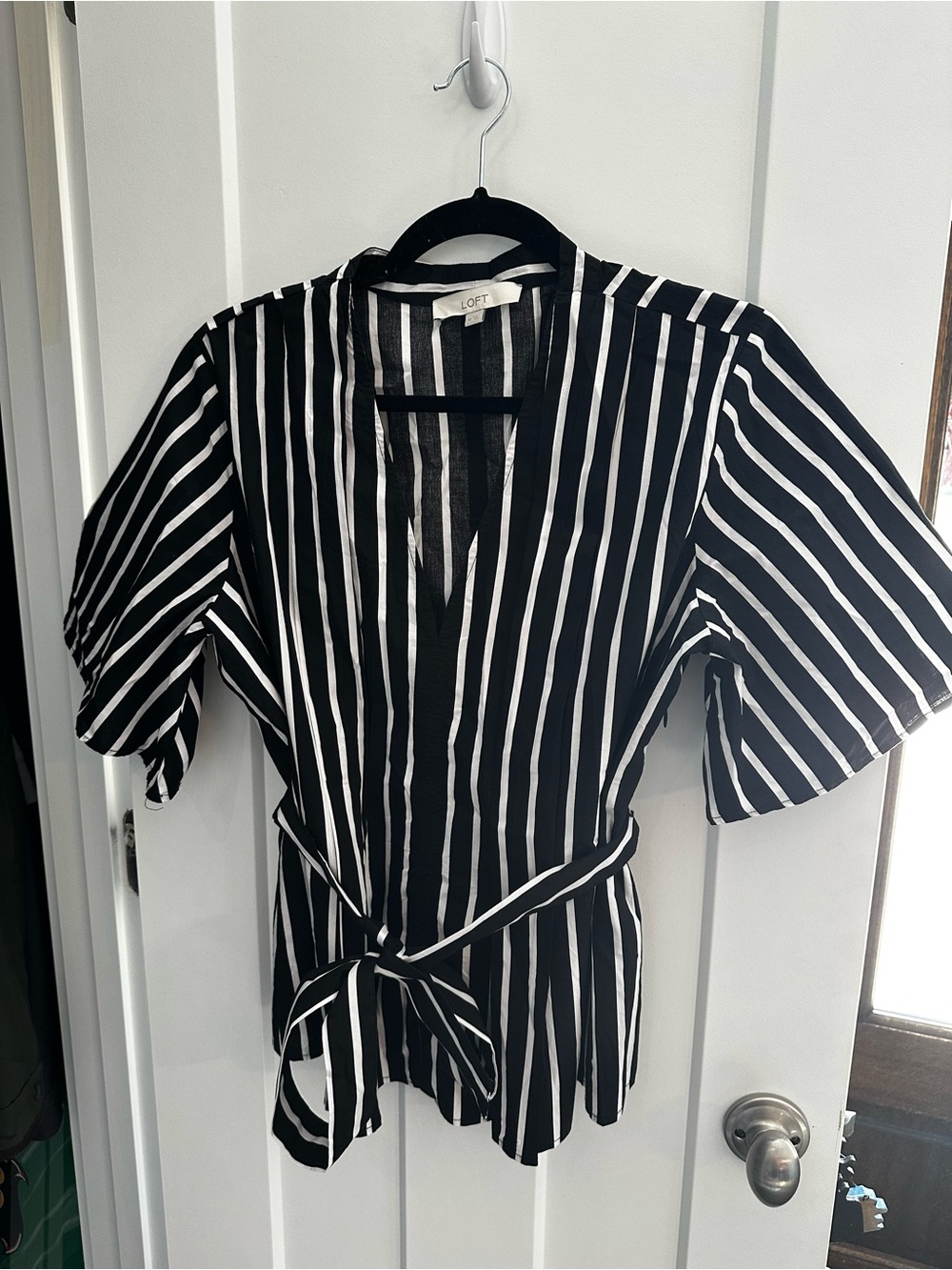 LOFT Black & White Vertical Stripe Tie-Waist Blouse